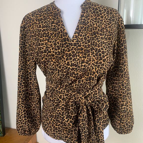 J. Crew Size S Peplum Sara Leopard Print Wrap Top Blouse Black Tan Long Sleeve - Picture 4 of 15
